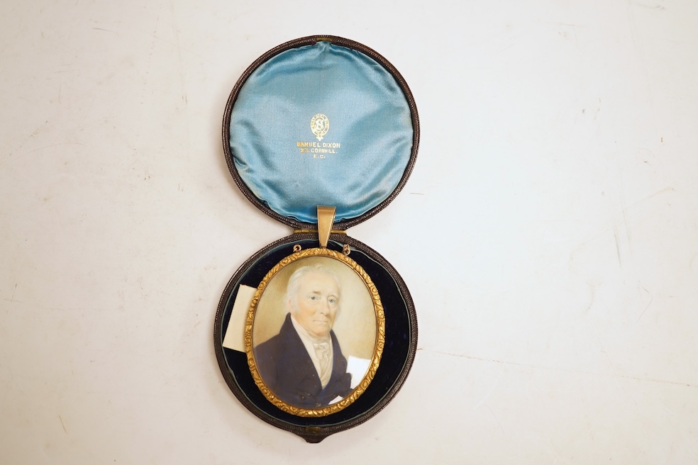 Thomas Richmond (1771-1837), portrait miniature on ivory, Portrait of Francis Robinson, with hair work and seed pearls verso, housed in a gilt metal case, 11cm high. CITES Submission reference EF4KBE7V
